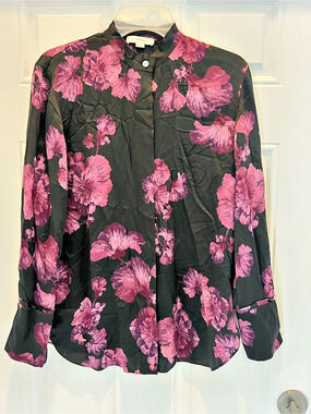 Vince 100% Silk Blouse Black Floral Button Front Quiet Luxury Luxe Size SP #1001